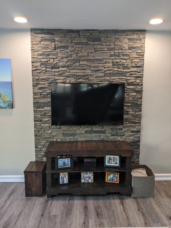 Lightning Ridge faux stone panel in Gray Fox – accent wall installed by a DIY homeowner