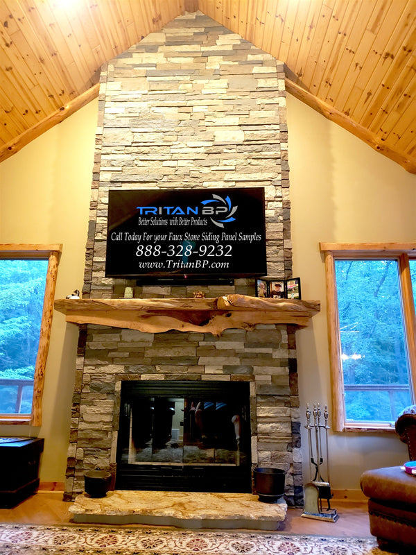 Canyon's Edge faux stone panel in Gray Fox – fireplace surround and accent wall installed by a DIY homeowner