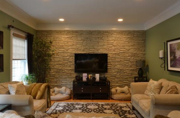Canyon's Edge faux stone panel in Gray Fox – accent wall installed by a DIY homeowner
