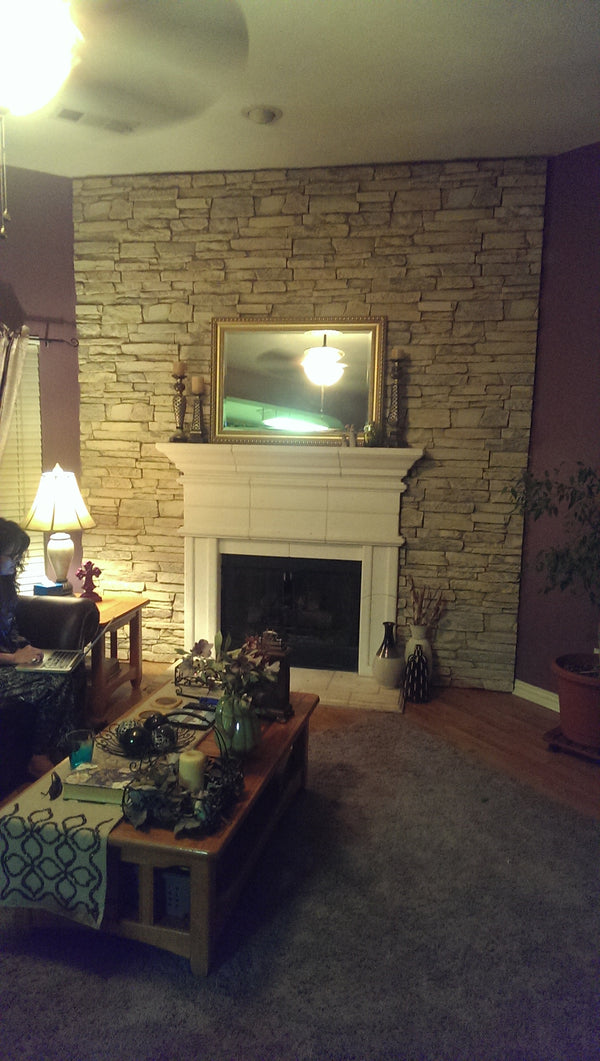 Harvest Ledge faux stone panel in Frosted Blush – fireplace surround and accent wall installed by a DIY homeowner