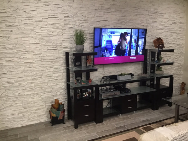 Lightning Ridge faux stone panel in Coconut White – accent wall installed by a DIY homeowner