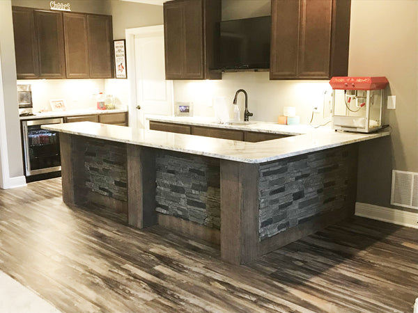 Lightning Ridge faux stone panel in Gray Fox – kitchen wall and accent wall installed by a DIY homeowner
