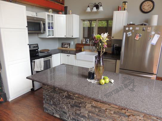 Lightning Ridge faux stone panel in Gray Fox – kitchen wall installed by a DIY homeowner