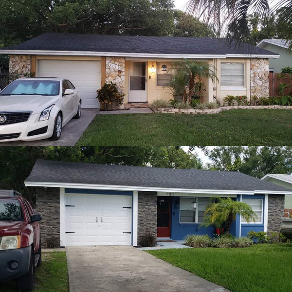 Lightning Ridge faux stone panel in Gray Fox – exterior siding and front yard installed by a DIY homeowner