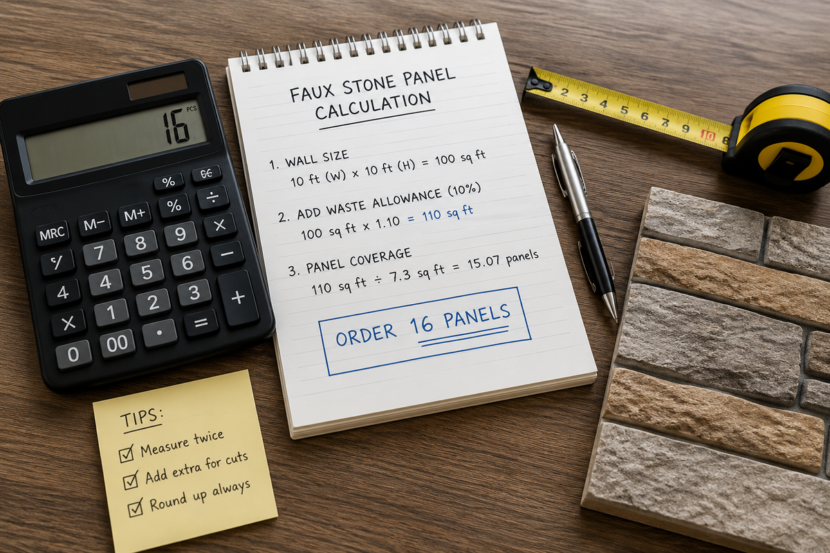How to calculate the number of faux stone panels needed based on wall dimensions and coverage area