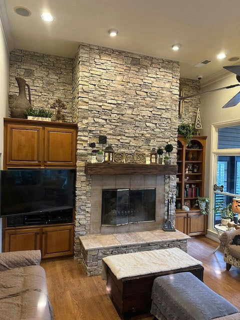 Harvest Ledge faux stone panel in Frosted Blush installed by a DIY homeowner