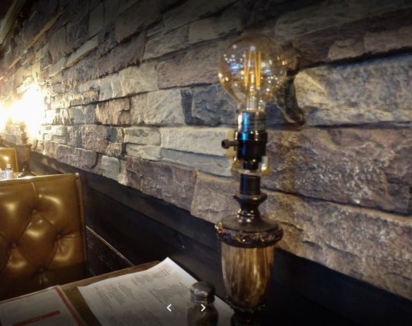 Canyon's Edge faux stone panel in Gray Fox – office wall and accent wall installed by a DIY homeowner