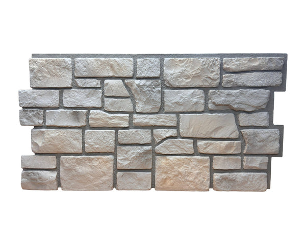 Cotswold Stone faux stone wall panel in Fossil White, pale weathered limestone, front view