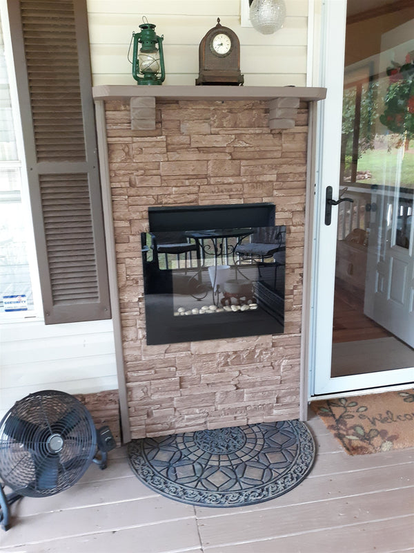 Earth's Valley faux stone panel in Cappuccino – accent wall installed by a DIY homeowner