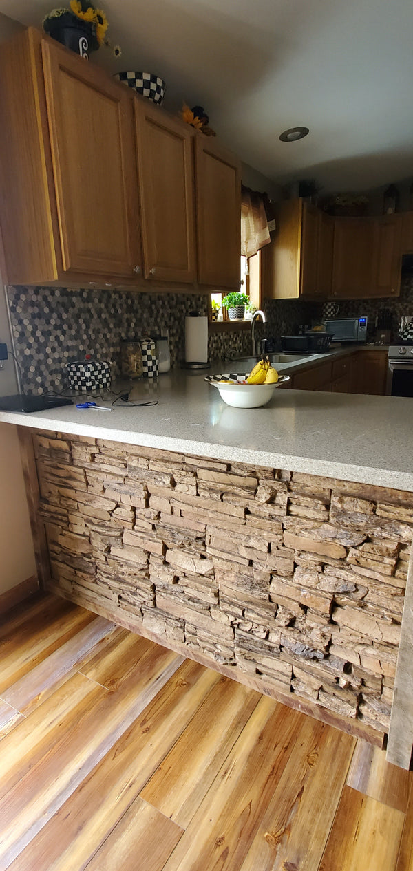 Earth's Valley faux stone panel in Cappuccino – kitchen wall and accent wall installed by a DIY homeowner