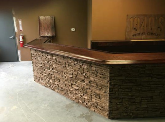 Earth's Valley faux stone panel in Cappuccino – indoor wall installed by a DIY homeowner