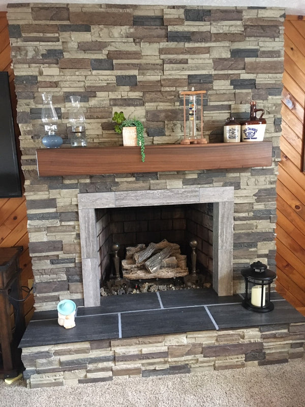 Earth's Valley faux stone panel in Nature's Spirit – fireplace surround and accent wall installed by a DIY homeowner