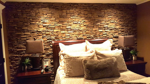 Lightning Ridge faux stone panel in Cappuccino – accent wall installed by a DIY homeowner