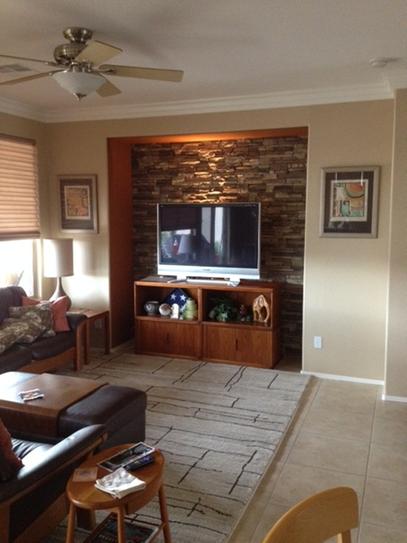 Lightning Ridge faux stone panel in Cappuccino – accent wall installed by a DIY homeowner