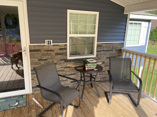 Lightning Ridge faux stone panel in Gray Fox – exterior siding installed by a DIY homeowner
