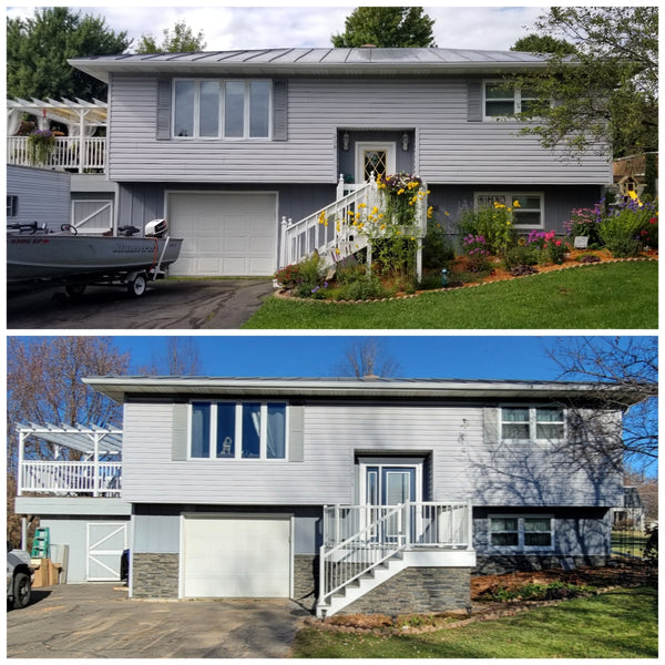 Lightning Ridge faux stone panel in Gray Fox – exterior siding installed by a DIY homeowner