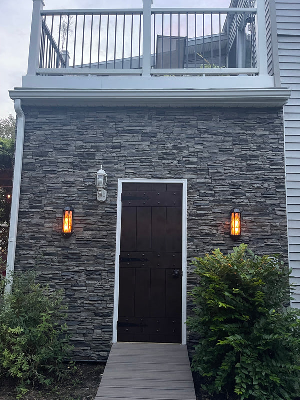 Lightning Ridge faux stone panel in Gray Fox installed by a DIY homeowner