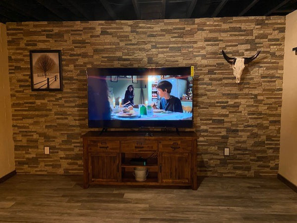 Lightning Ridge faux stone panel in Nature's Spirit – basement wall and accent wall