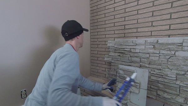 Video: Lightning Ridge faux stone panel in Biscotti Tan – fireplace surround and accent wall installed by a contractor